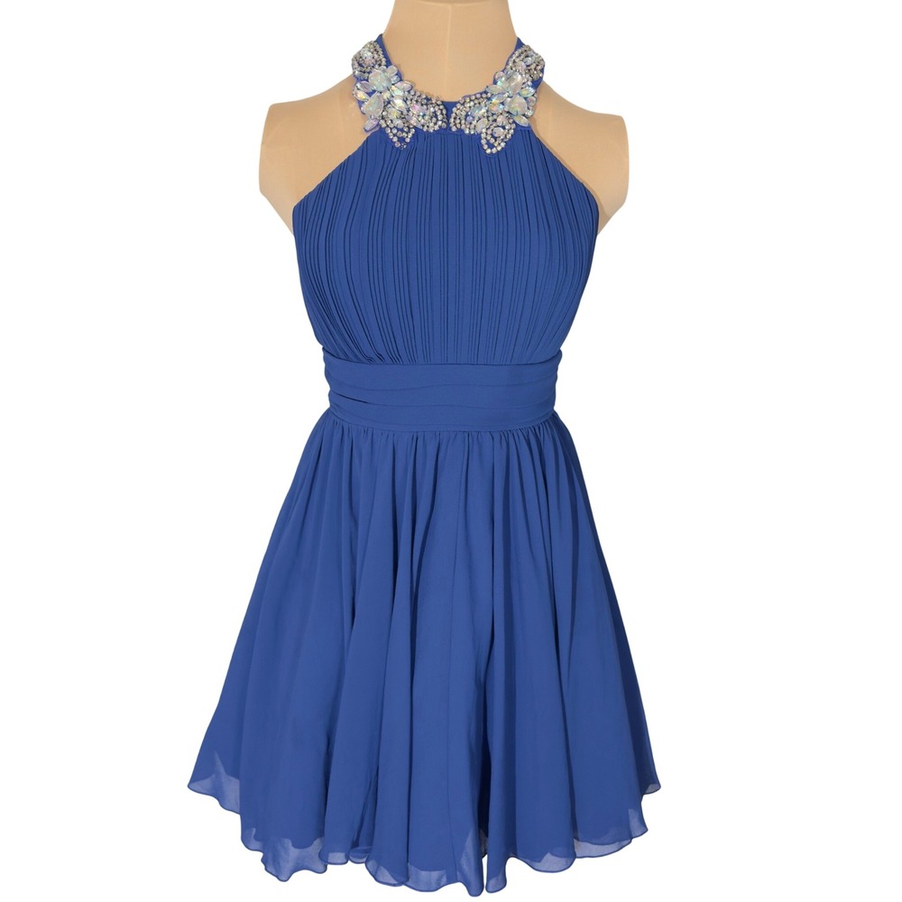 3261 | Blue Crystal Halter HOCO Prom Dress Tulle Full Skirt Open Back Women S